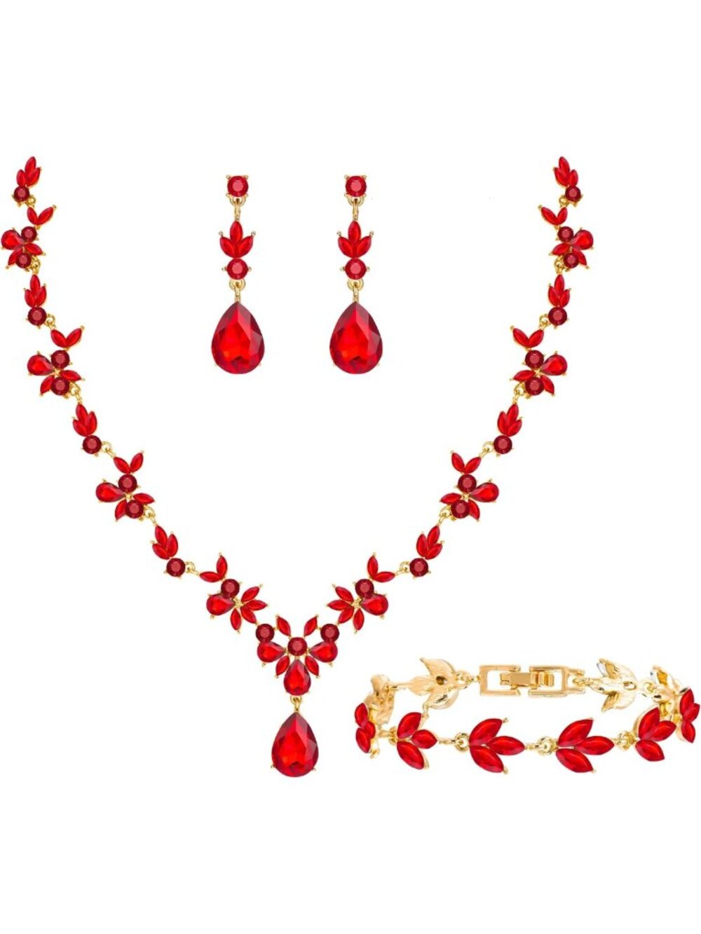 Elegant Floral Bridal Jewelry Set - Crystal Necklace, Earrings & Bracelet for